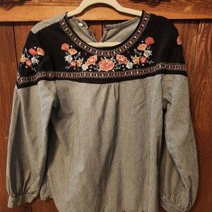 Striped Long Sleeve Blouse with Embroidered Details